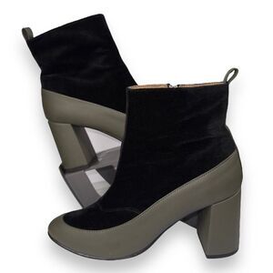 NAE Vegan Paula Green Block Heel Chelsea Boots Olive / Black Velvet Women's 9